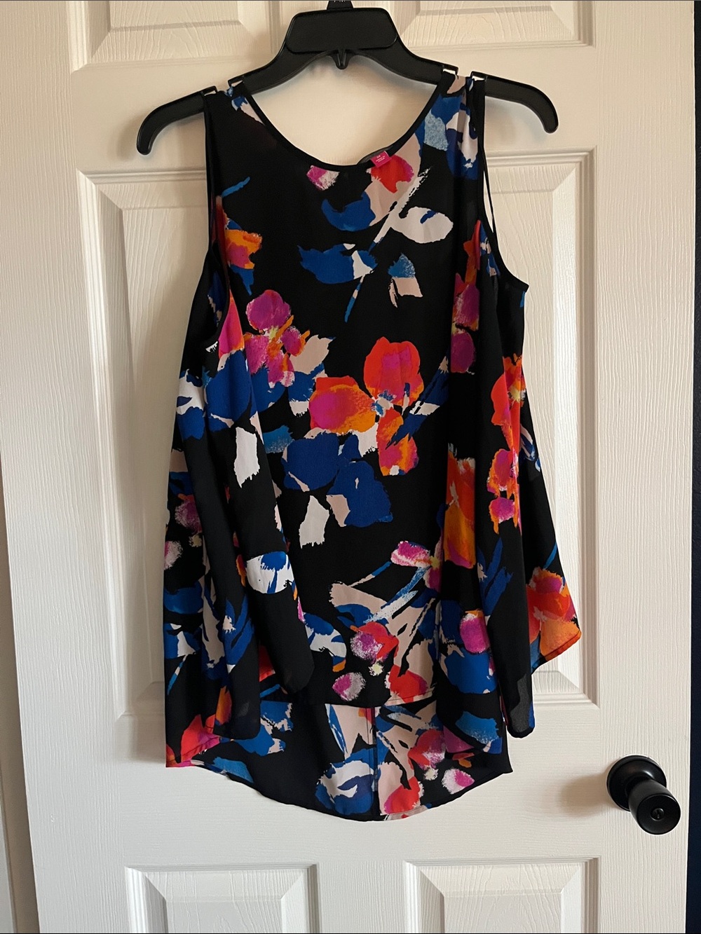 Vince Camuto Black Floral Swing Top with Bright Blooms, cold shoulder design